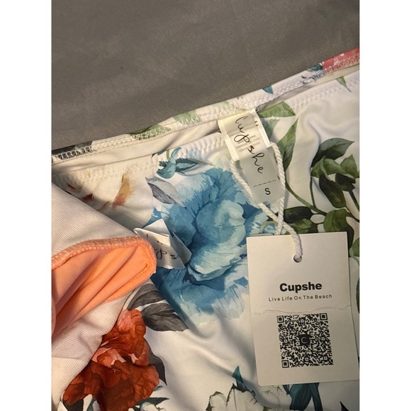 NEW Cupshe 2pc Floral & Peach Ruffle Top/Super High Waist Ruched Bottom Bikini S - Picture 5 of 5